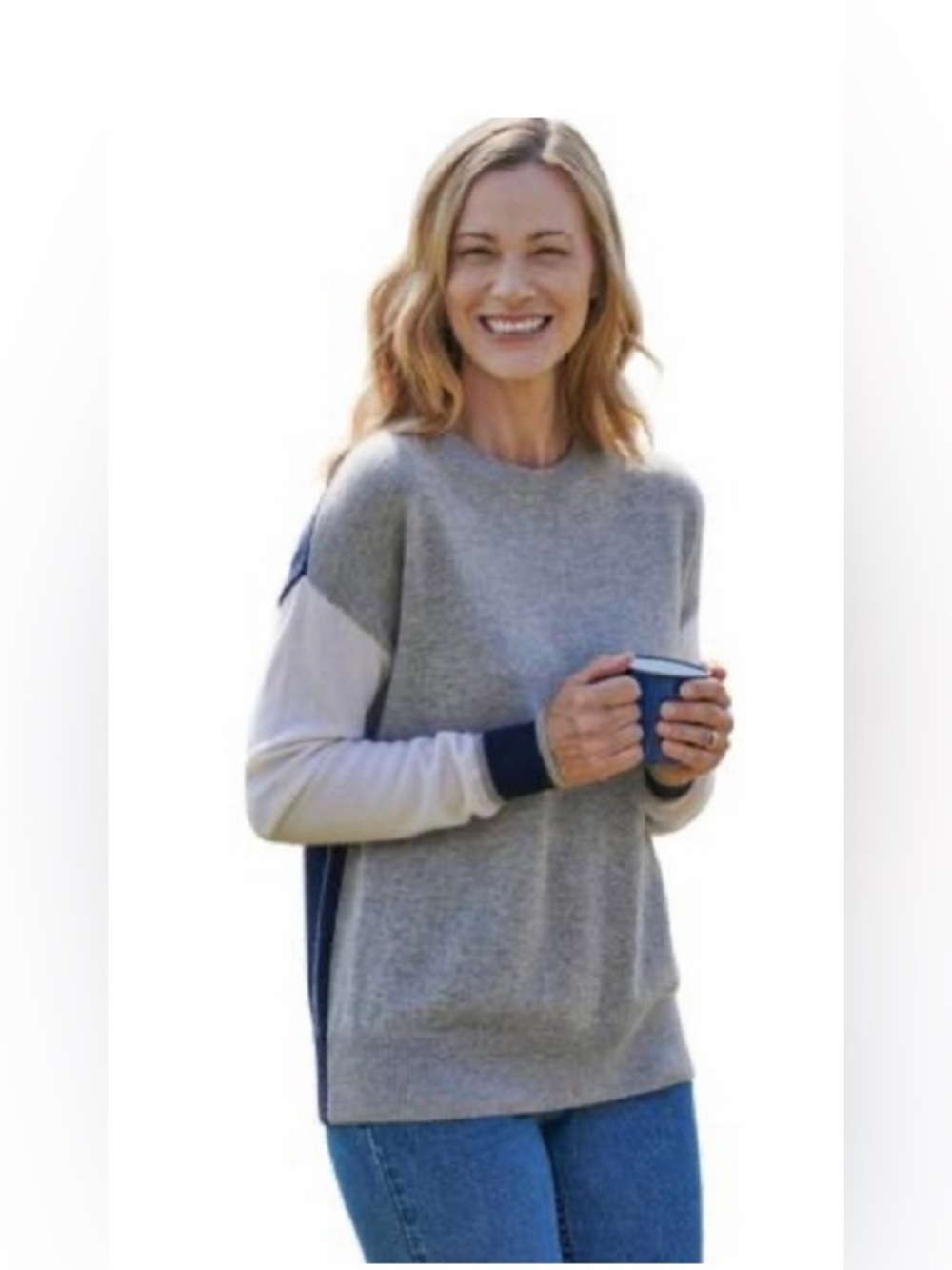 WoolOvers Merino Wool Cashmere Colorblock Crewneck Sweater Navy Gray L